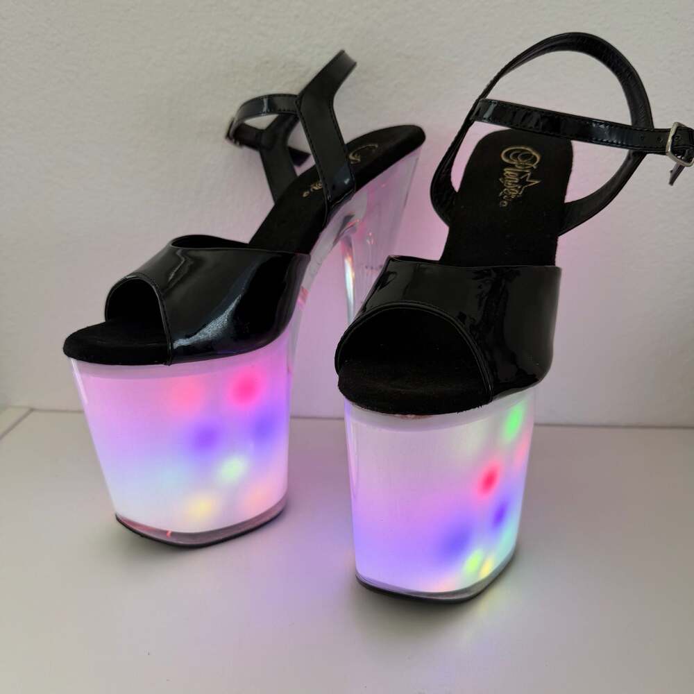 Pleaser Discolite-809 Black Patent / White 8-Inch Light Up Platform Heels - Picture 2 of 9